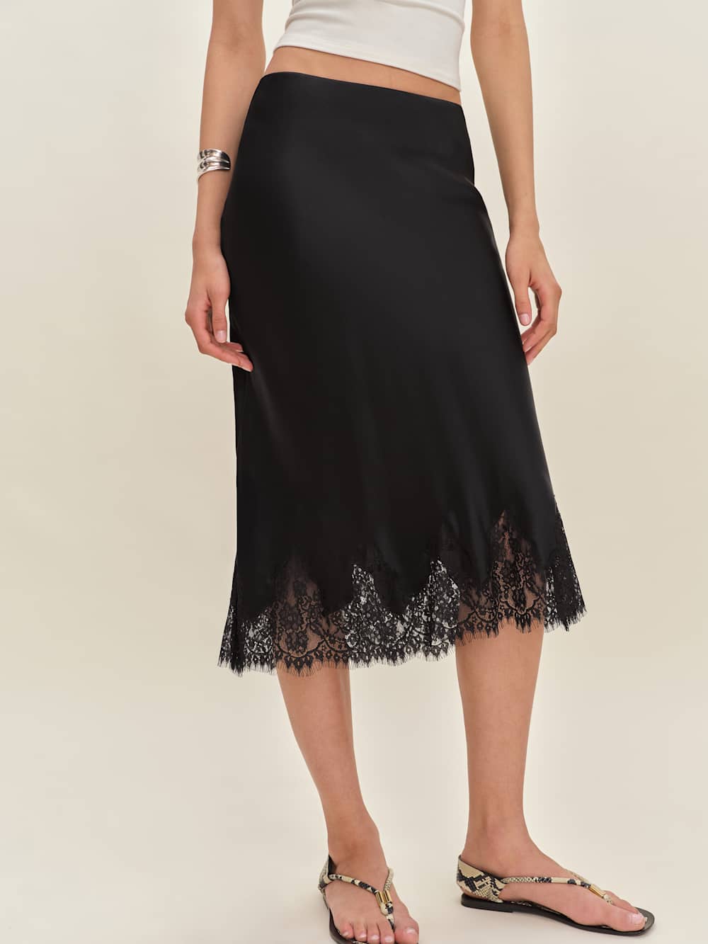 Black satin lace trim skirt