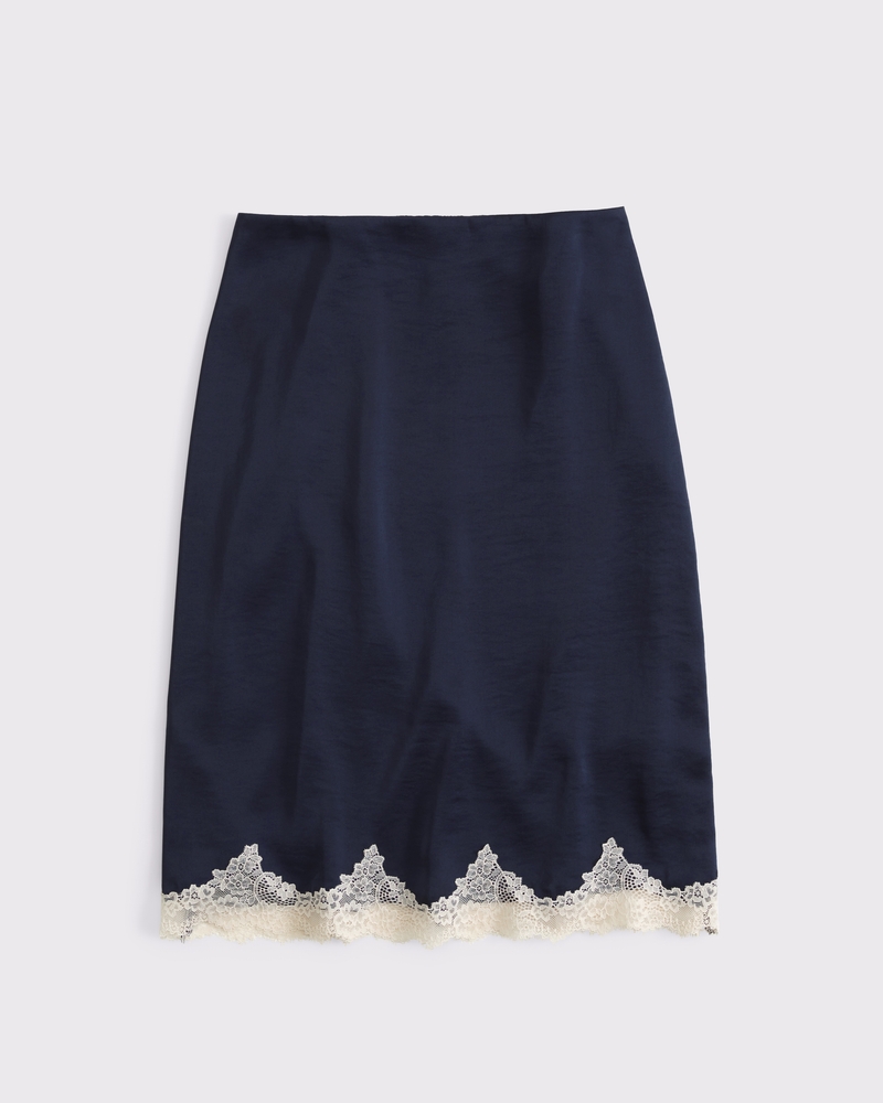 High Rise Satin Lace-Hem Midi Skirt