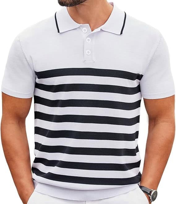White & Black Striped Knitted Polo Shirt