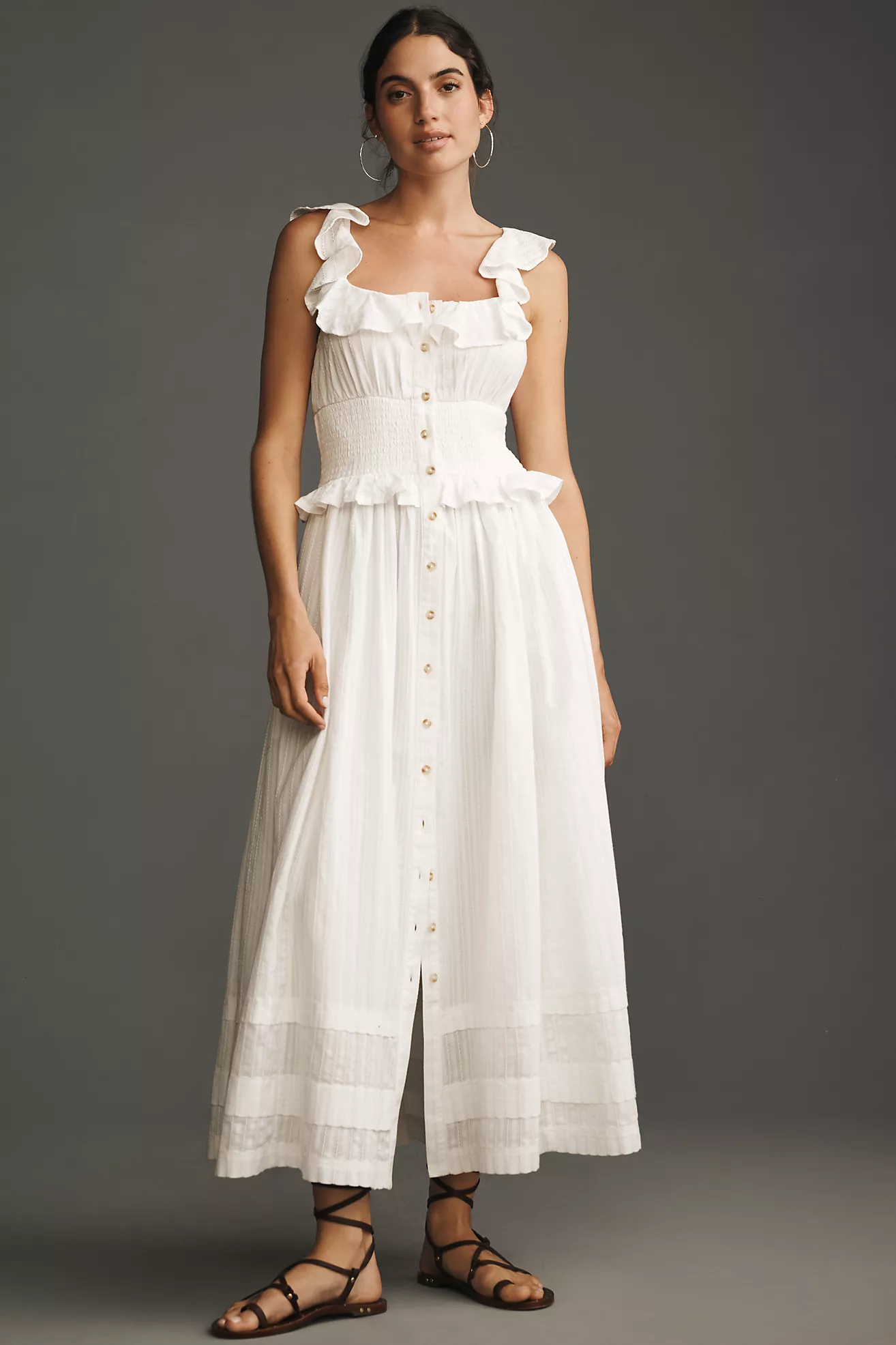 Pilcro Ruffled Smocked-Waist Button-Front Midi Dress