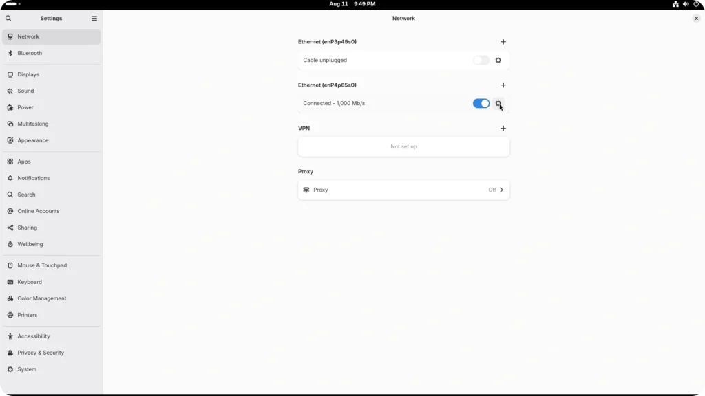 GNOME network settings.