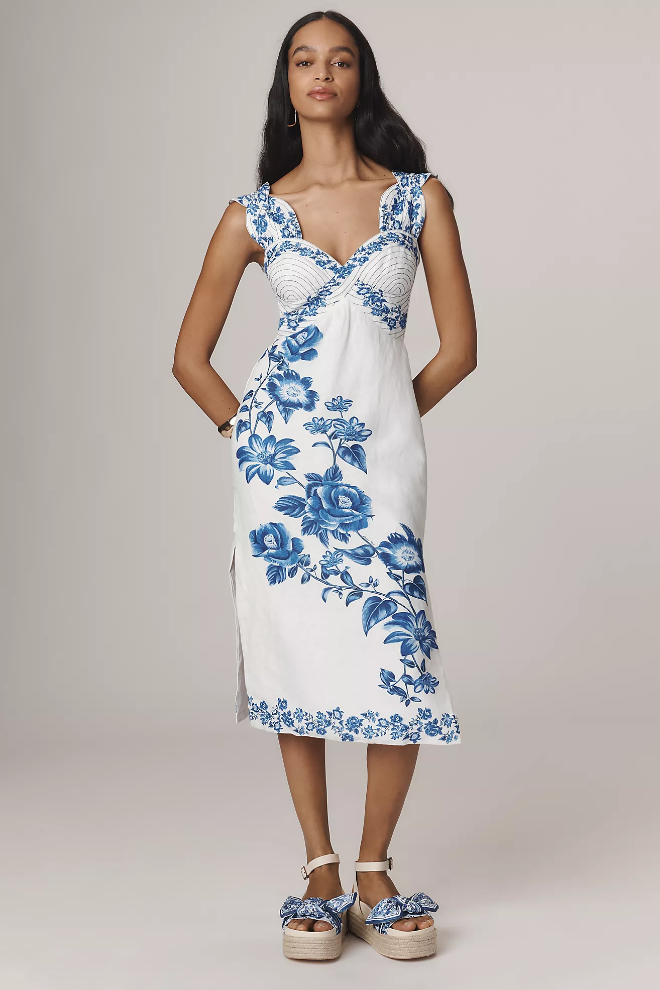 Farm Rio Floral Cascade Wavy Linen Sleeveless Midi Dress