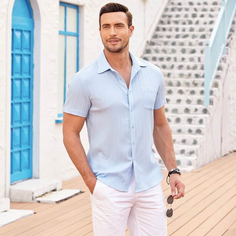 man wearing a sky blue shirt