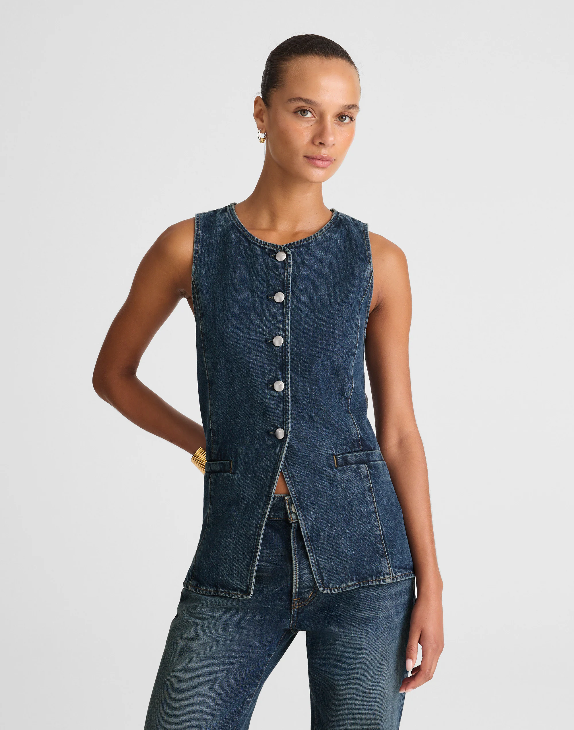Denim Crewneck Cutaway Vest in Greendale Wash